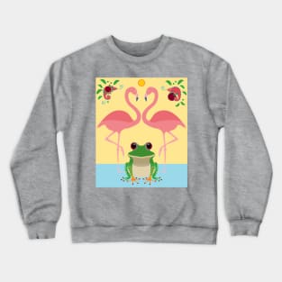 Two Flamingos, One Frog, Foliage and a Chameleon  Crewneck Sweatshirt